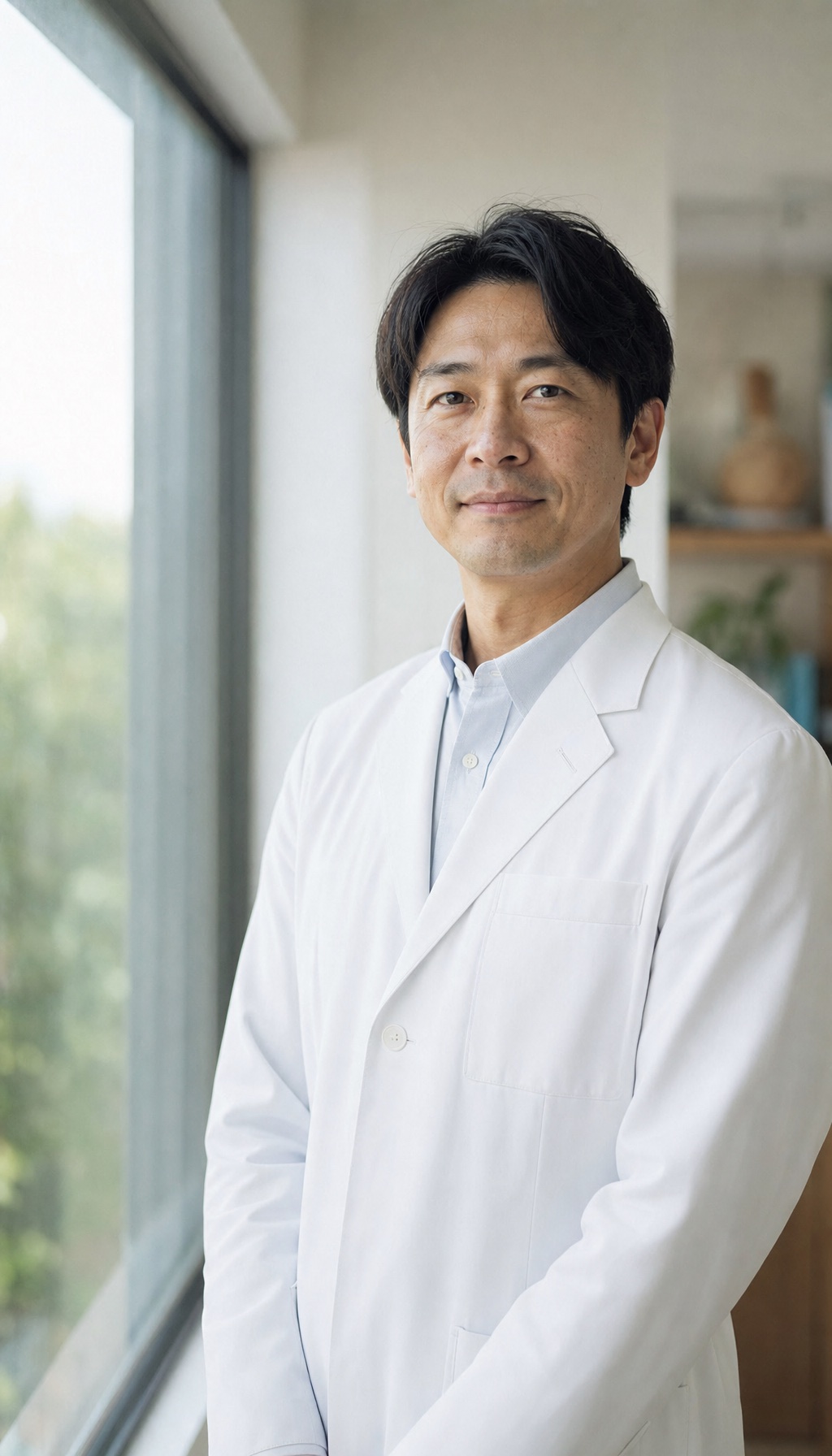 白衣を着た医師が書類を確認している様子。自然光の明るいオフィス環境。
