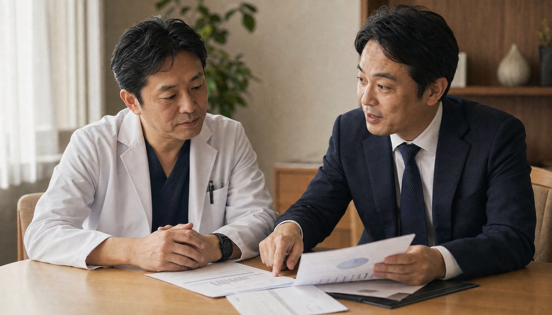 医師が書斎で資産防衛の資料を読む、知識を得る場面